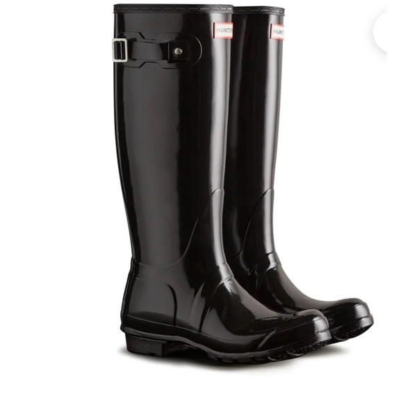 Hunter Tour Tall Patent Leather Black Women's Boots Sz 7 US EU 38 - Picture 1 of 12